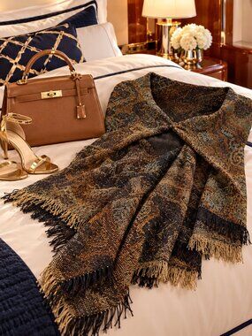 Women's Boho Metallic Paisley Fringed Shawl Wrap ✨NWOT✨